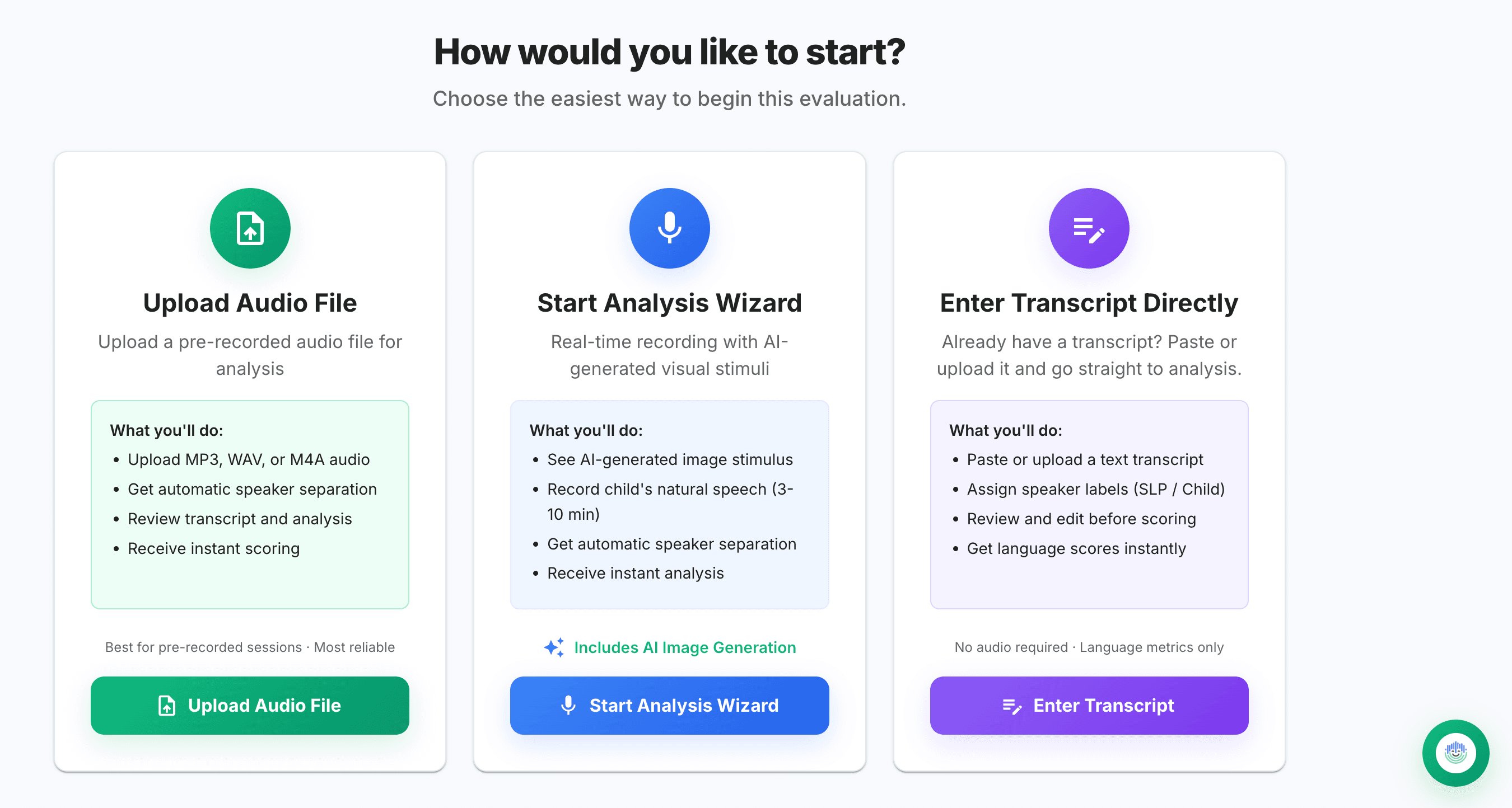 EASI options to upload audio, record live, or enter a transcript