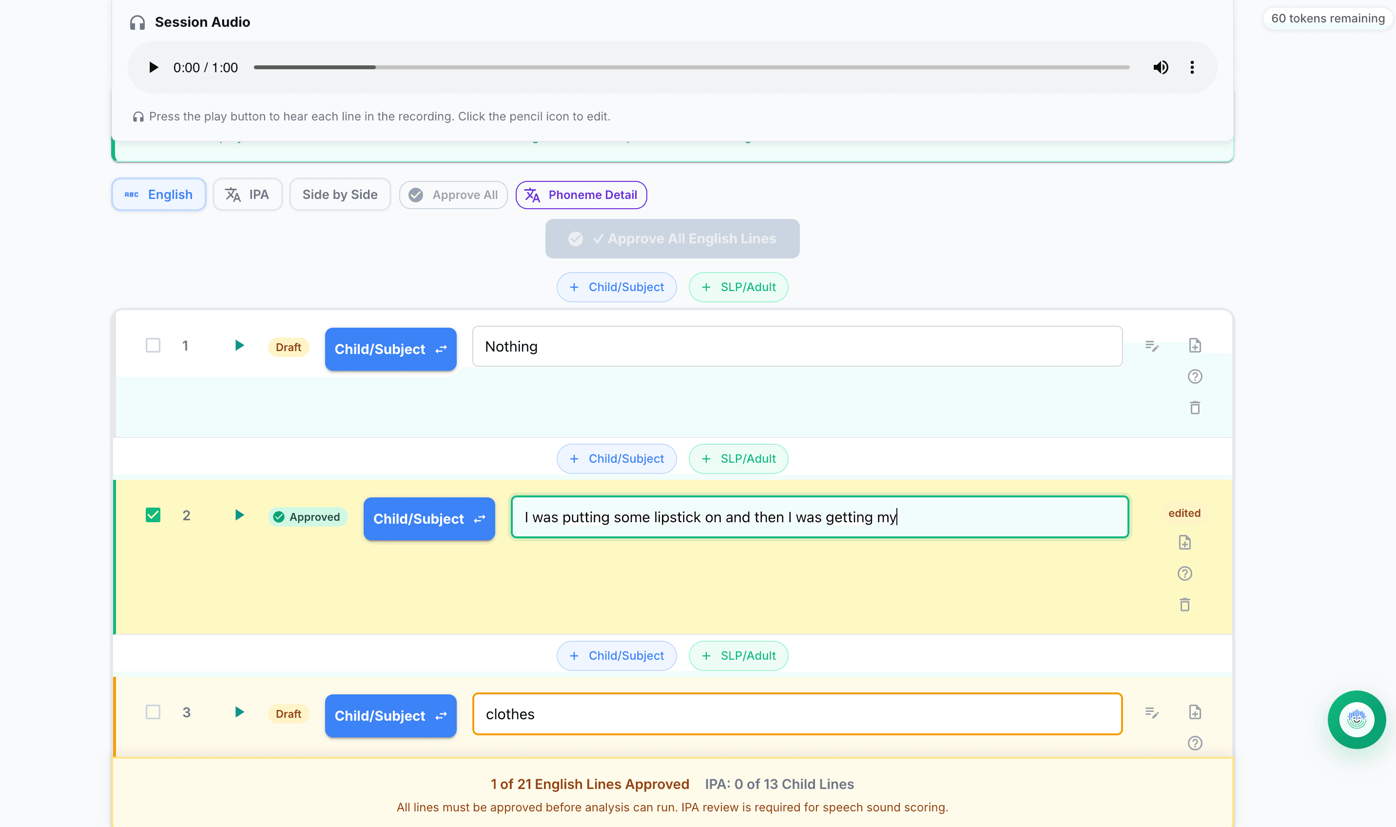 De-identified EASI transcript review showing Session Audio, English and IPA view controls, speaker-separated child and SLP turns, and draft and approved transcript lines