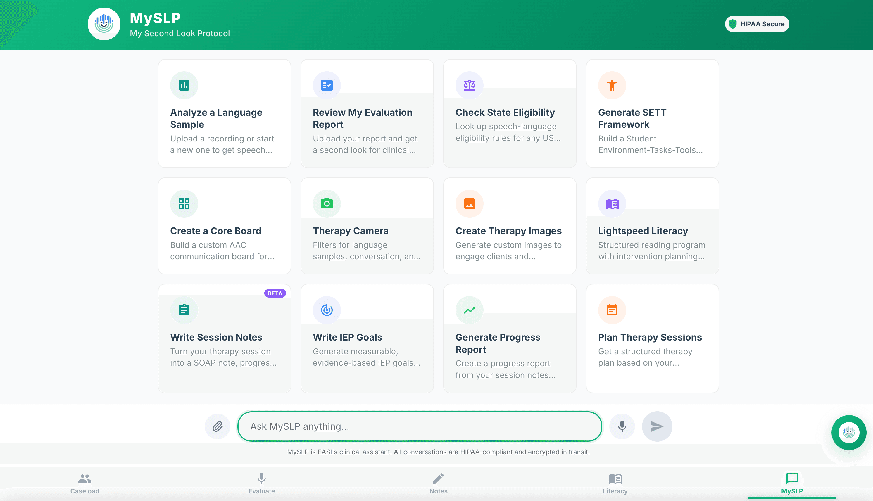 MySLP workspace with report review, progress reporting, session planning, core boards, literacy, and therapy tools