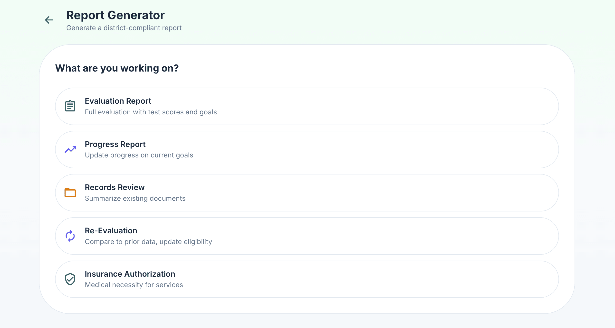 EASI report generator showing evaluation, progress report, records review, re-evaluation, and insurance authorization options