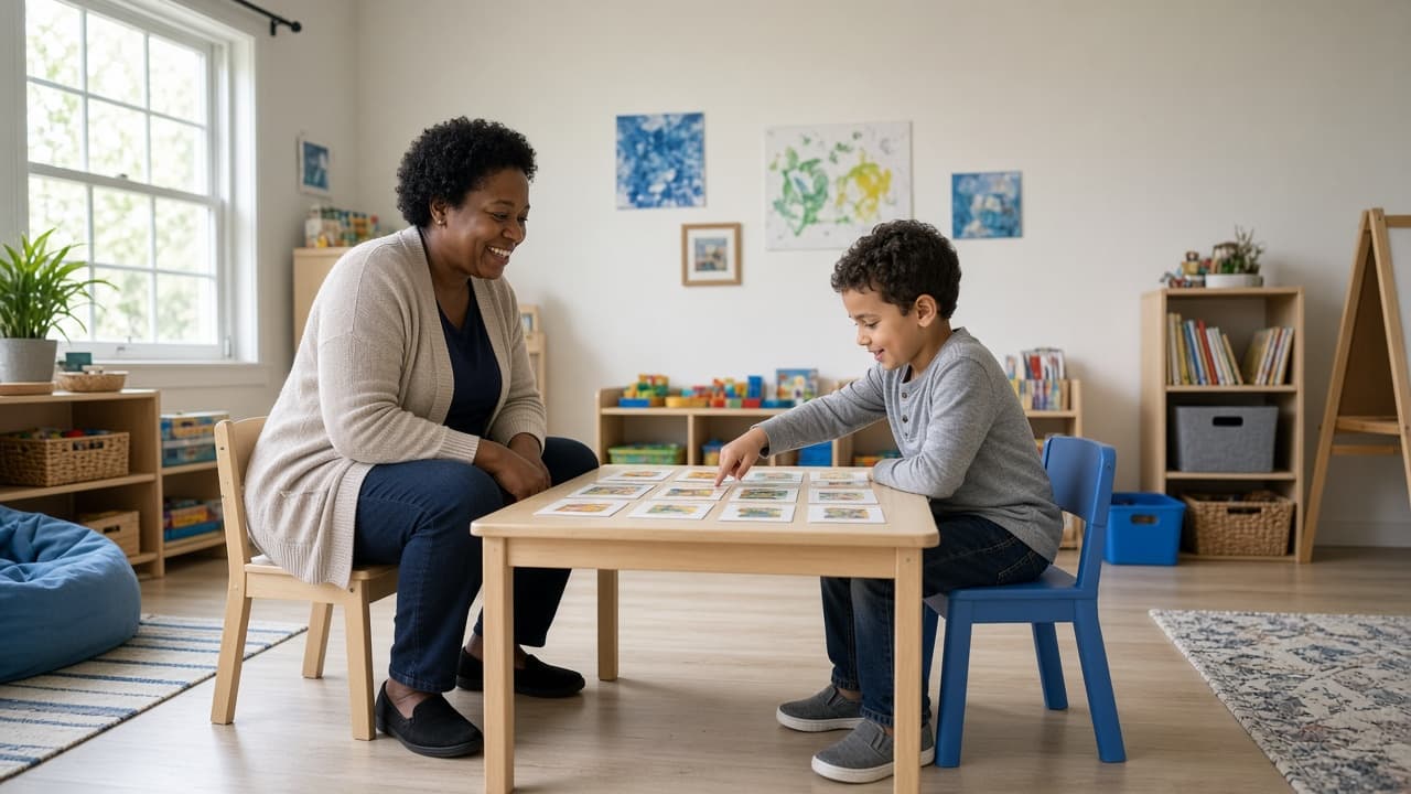 Black woman SLP showing picture cards to a young boy at a table