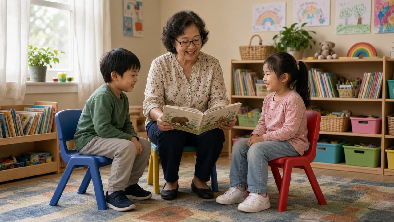 SLP reading a book with two children in a small group