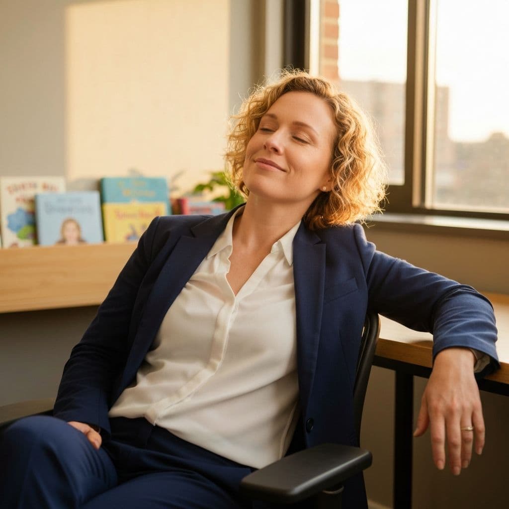 A relaxed speech-language pathologist taking a quiet moment at the end of her workday