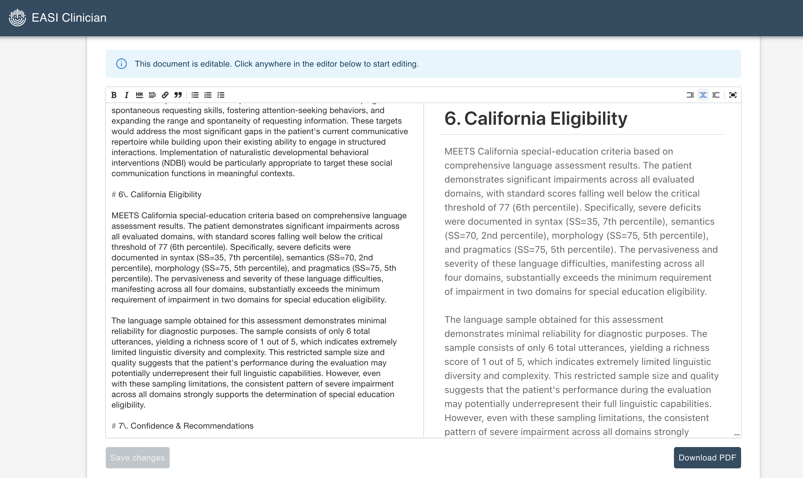 Comprehensive Results - Standard scores, percentile rankings, and state eligibility criteria. Key metrics including PCC, MLU, IPSYN, NDW, VOT, and intelligibility scores.