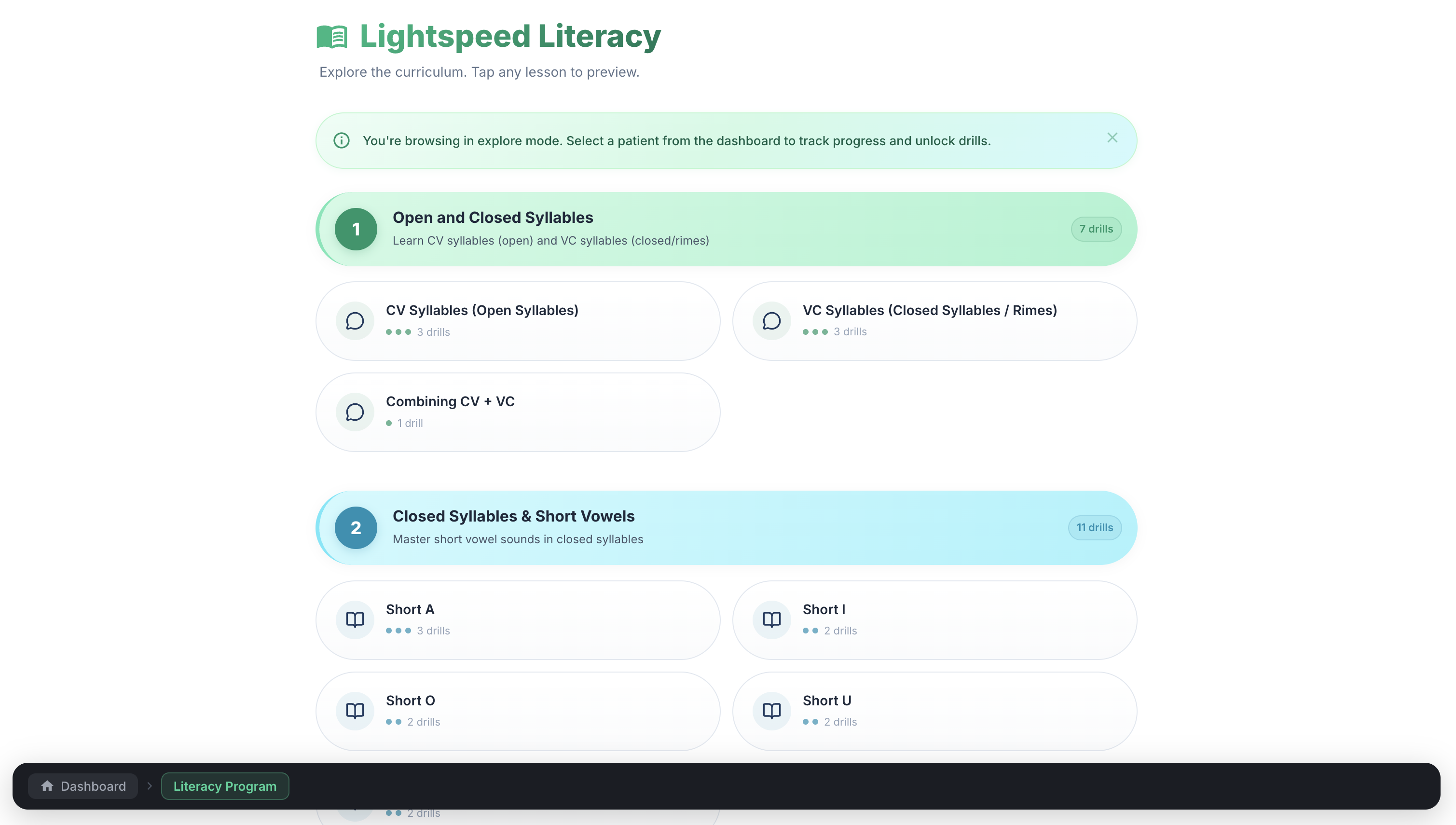 Lightspeed Literacy structured curriculum showing progressive phases with syllable drills and lesson plans
