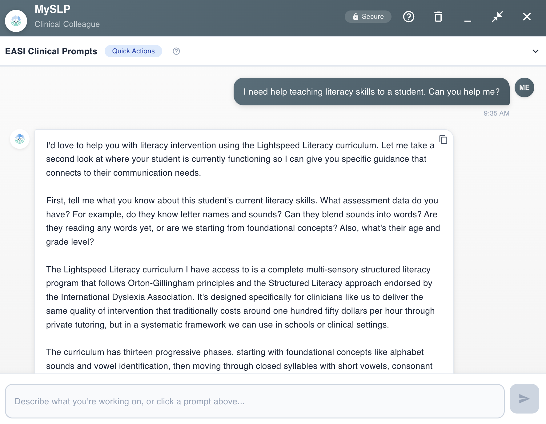 MySLP literacy intervention conversation showing Light Speed Literacy curriculum guidance