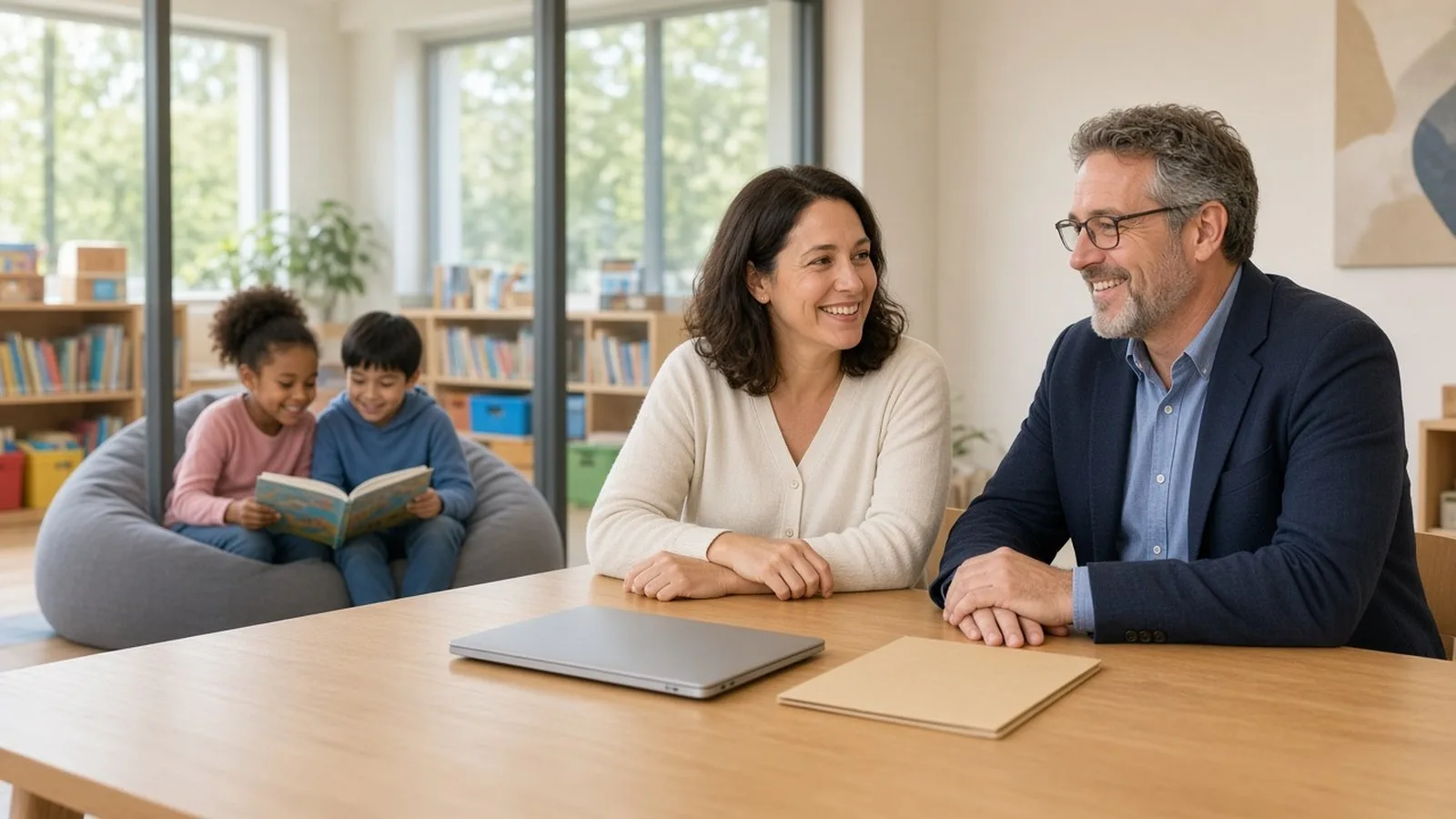 A speech therapist and a school administrator review papers together at a table while two kids read nearby.