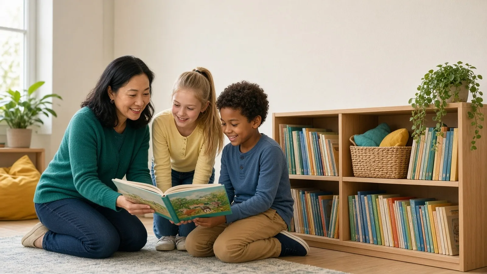 A speech therapist kneels with two smiling school kids to share a picture book in a bright library.